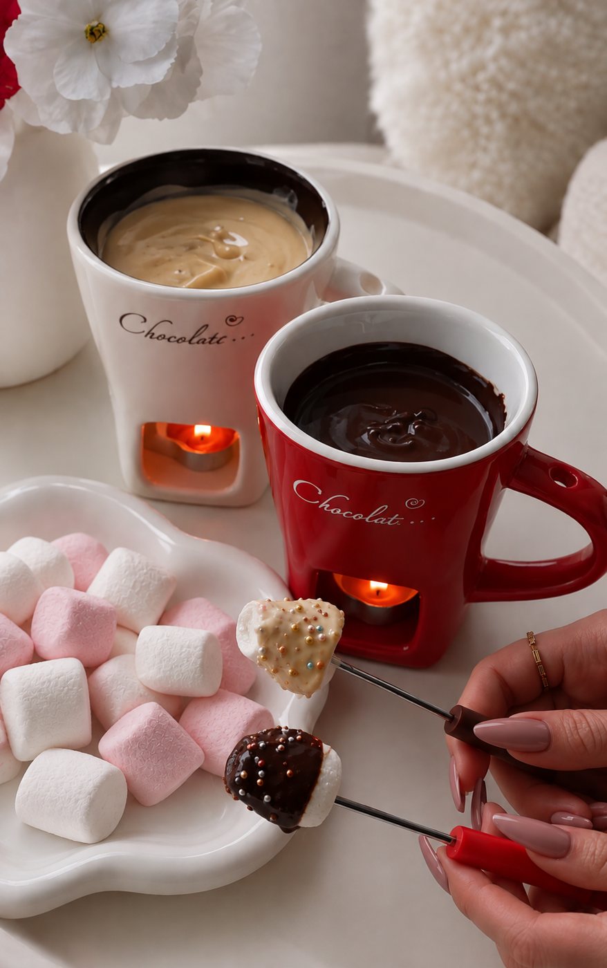 Guimauves trempées dans le chocolat fondu de deux mugs Fondly